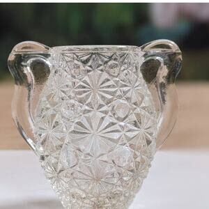 LE Smith Daisy Button Pattern Toothpick Holder Pressed Clear Glass Vase Urn Mini